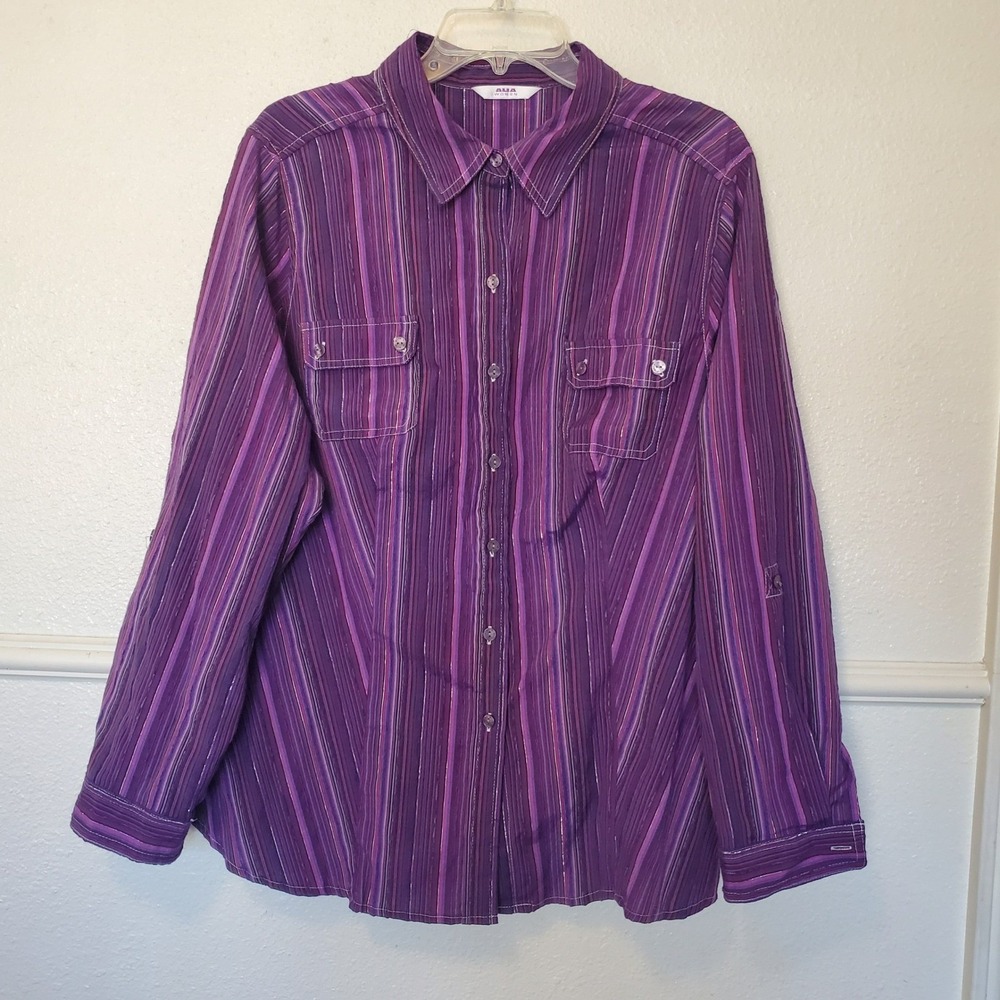 Alia Women Purple Striped Button Up Shirt Metallic Thread Roll Tab Sleeve XXXL